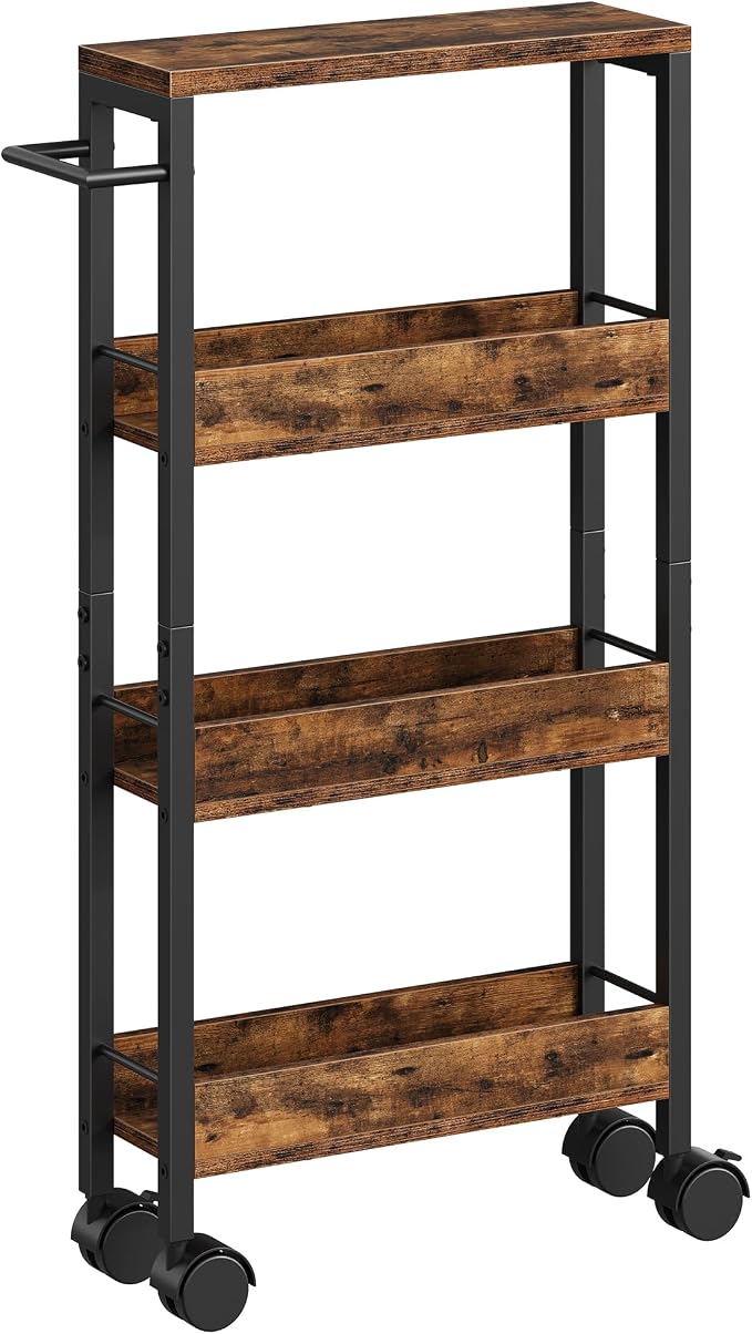 4-Tier Slim Storage Cart, 5.1'' Kitchen Serving Trolley, Slim Rolling Cart with Handle and Guard Rails, Slim Cabinet for Small Spaces, for Dining Room, Rustic Brown and Black TTC01BF - Image 7