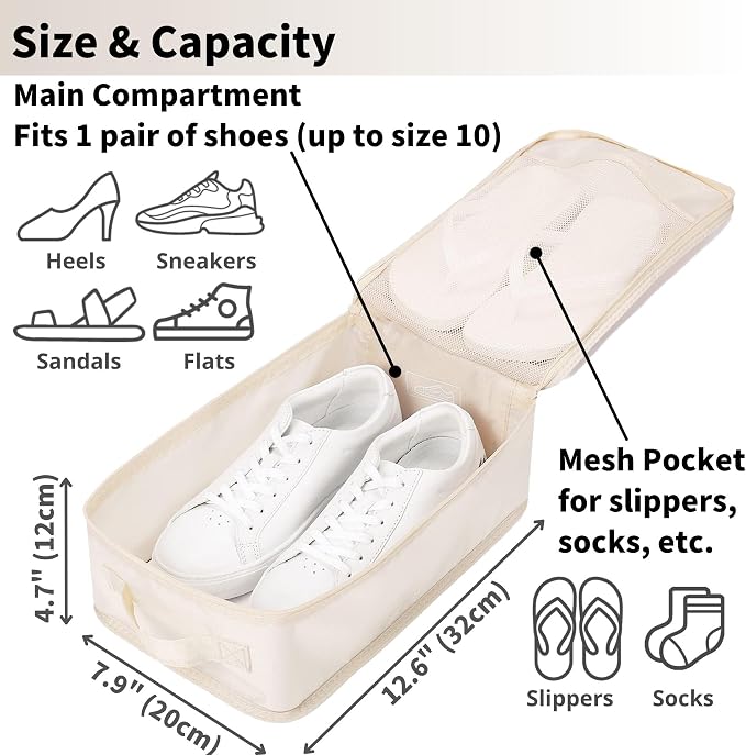 tianzong Travel Shoe Bag with Handle Holds 2 Pairs of Shoes, Shoe Packing Cubes for Travel (Beige, 2 Pack) - Image 3