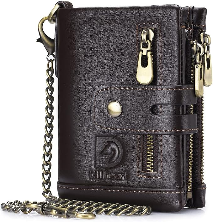Mens Wallet with Chain Genuine Leather Purse RFID Blocking Bifold Double Zipper Coin Pocket with Anti-Theft Chain… by bill+heart