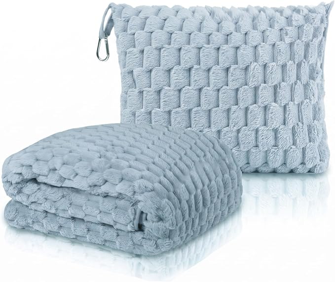 Travel Blanket with Bag, Soft Fleece Portable Airplane Blanket, Light Blue | Soft fleece travel blanket 50x60in grey. 5-in-1: pillow, lumbar support, shawl, hand warmer. Washable, luggage sleeve, clip. by Unknown
