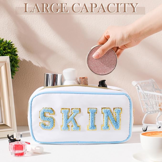 Preppy Makeup Bags Chenille Letter Stuff Bag Nylon Cosmetic Pouch Cases with Zipper for Women Travel Toiletry(White Set,Novel,4 Pcs) - Image 3