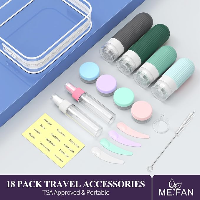 ME.FAN Travel Bottles for Toiletries,18 Pack Silicone Portable Size Bottle, TSA Approved Refillable Cosmetic Container Kits for Conditioner, Shampoo, Lotion,Face Cream - Blue - Image 6