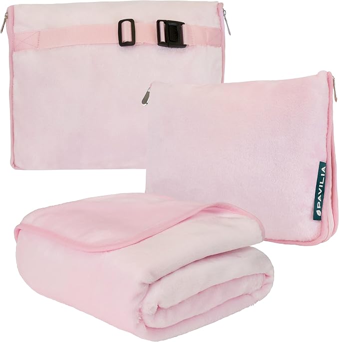 PAVILIA Travel Blanket Pillow, Soft Airplane Blanket 2-in-1 Combo Set, Plane Blanket Compact Packable, Flight Essentials Car Pillow, Travelers Gifts Accessories, Luggage Backpack Strap, 60x43 Pink by PAVILIA