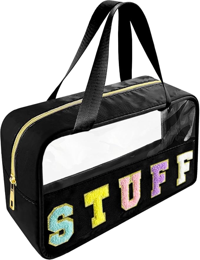 Chenille Letter Clear Makeup Bag Stuff Patch, Travel Toiletry Makeup Bag with Handle, Nylon Waterproof Makeup Bags clear cosmetic bag, preppy patch makeup bag for Women (STUFF-Black) by Bunliuys