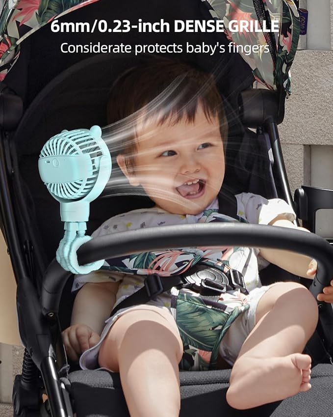 buywoo Portable Stroller Mini Fan, Small Rechargeable Personal Cooler w/ 360° Rotation, Baby Essentials for Car Seat, Crib, Bike, Treadmill, 3-Speed Battery Powered Stroller Accessories, Mint - Image 2