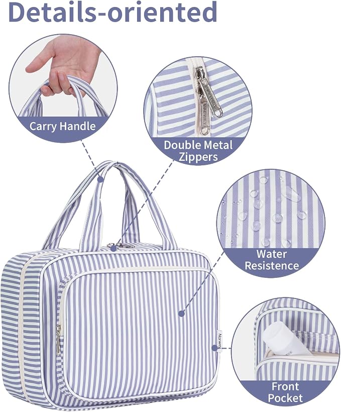Narwey Striped Travel Toiletry Bag for Women Large Hanging Makeup Bag Organizer Toiletries Bag for Full Size Essentials Accessories Cosmetics (Greyish Blue Stripe (Large)) - Image 8