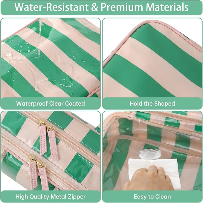 Toiletry Bag for Women, Pink and Green Stripe | Clear Coated,Waterproof,Multiple Compartment,Open Flat,Handle,Travel Organizer for Shampoo,Conditioner,Cosmetic Accessories - Image 2