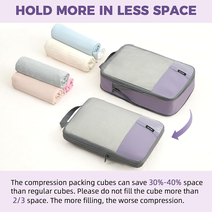 BAGAIL Lightweight Compression Packing Cubes for Travel, 6 Set,Dusty Purple | Salis Nylon Fabric,Anti-Tearing,Save Space,SBS Zippers,Packing List,PVC Tag Pocket,Custom Labels,Visible Mesh,Portable Handel - Image 7