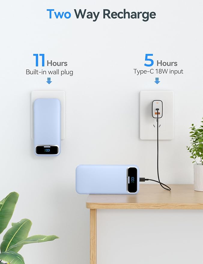 aonidi Portable Charger 20000mAh with Built-in Cables&AC Wall Plug, Blue | PD20W Fast Charging,Travel Essential,TSA Approved,LED Display,All in One USB C Power Bank for All Cell Phones Devices - Image 7