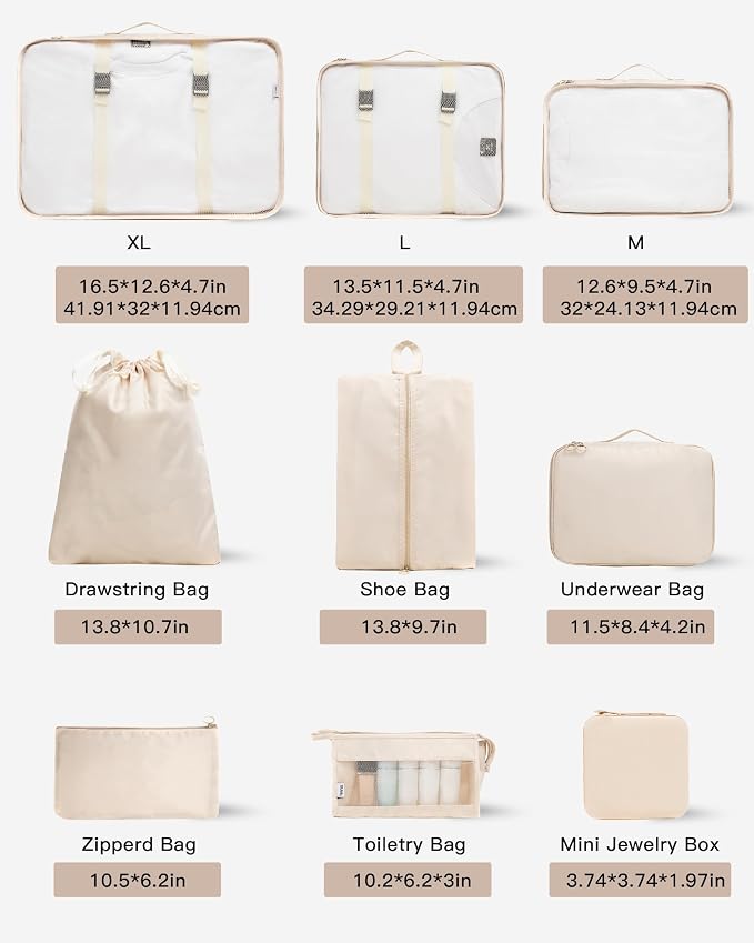9 Set Packing Cubes for Carry on Suitcase Travel Organizer Bags for Luggage Suitcase Organizer Bags Packing Cube Set for Packing Women Men (Beige) - Image 2