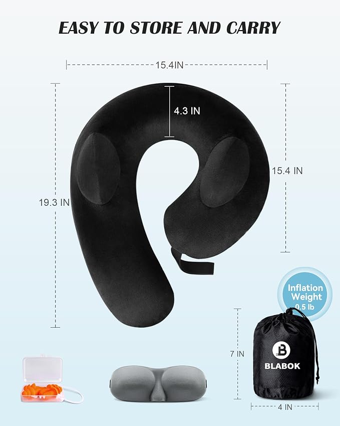 Patented Design Inflatable Travel Neck Pillow – Airplane Neck Pillow with 360° Head & Neck Support, Soft Washable Velvet Cover, Compact Neck Support Pillow for Airplane,Train,Car,Office & Home (Black) - Image 6