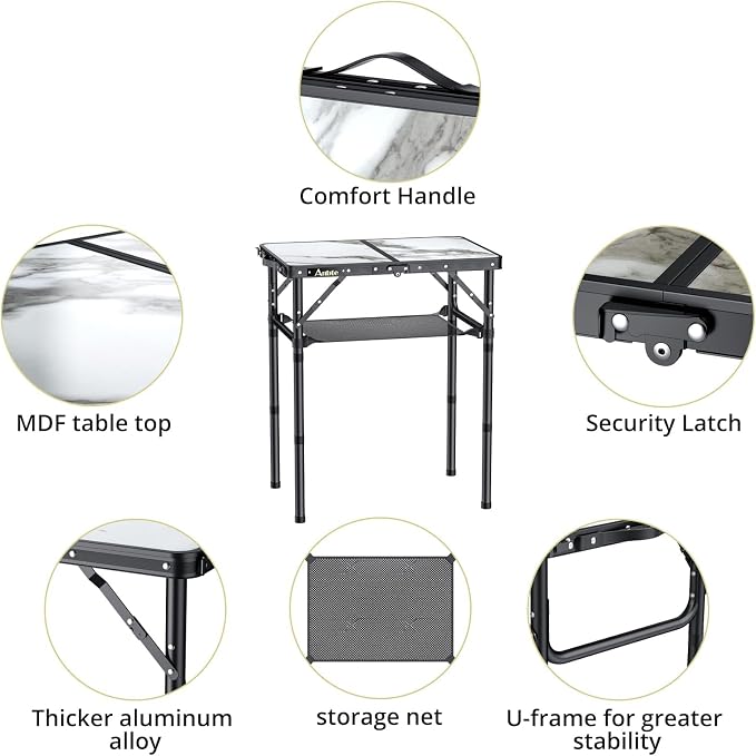 Anbte Folding Camping Table with Storage Net, 3 Adjustable Height Max 28" | Aluminum Small Folding Table Portable, Lightweight Camping Table for Outdoor Indoor Travel Picnic Beach, 24"x 16", White - Image 5