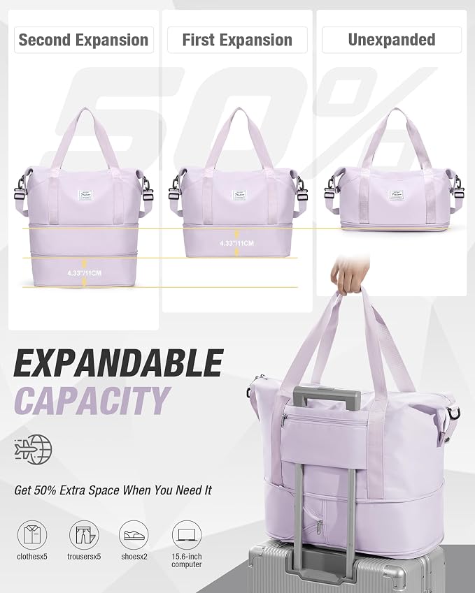 Expandable Travel Duffle Bag for Women Men, Large Gym Bag Travel Tote Bags, Waterproof Carry On Personal Item Bag Airline Approved, Workout Weekender Bag for Overnight Trip with Luggage Sleeve, Purple | Waterproof Carry On Personal Item Duffel Bag 40L ... - Image 3