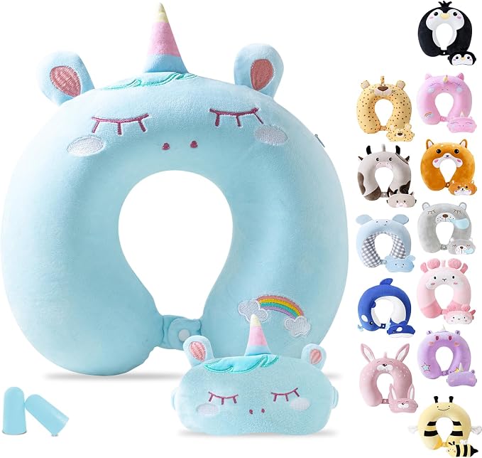 Cirorld Travel Pillow for Kids Adult Cute Neck Pillow for Traveling Memory Foam Airplane Pillow Sleep Mask Animal Flight Pillow Head Rest Neck Support for Cars Long Flights (Blue, 9-12 Y/O) by CIRORLD