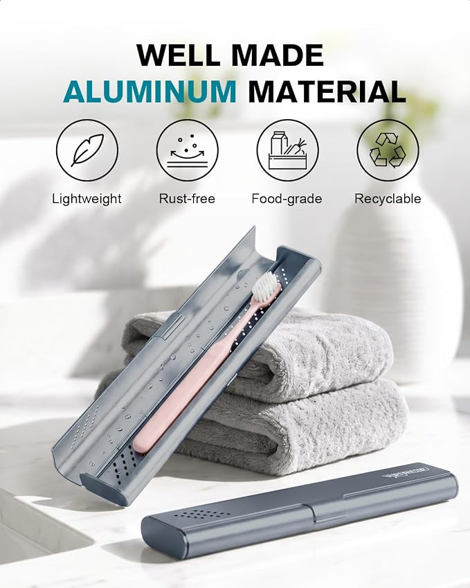 Toothbrush Case Cover for Traveling, Aluminum Toothbrush Holder for Manual Toothbrush + Mini Toothpaste, Portable Tooth Brush Storage Box for Camping Business Trip-Grey (1 Pack) - Image 2