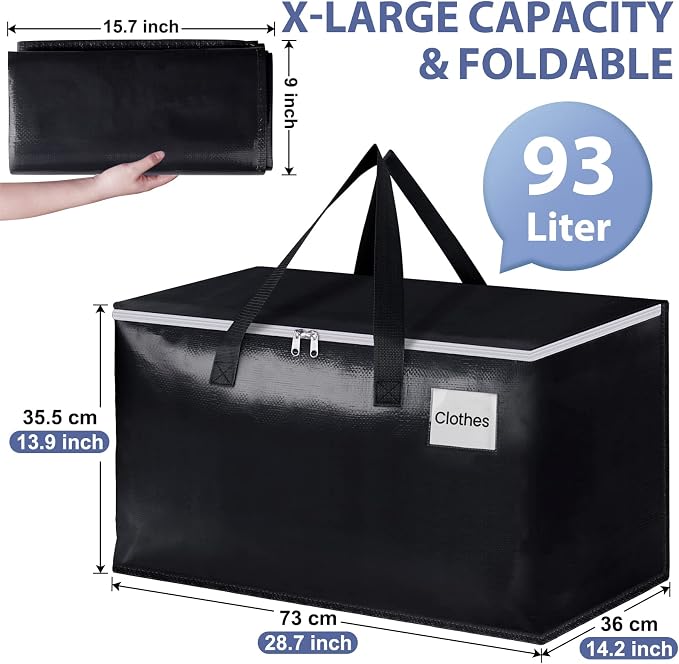 StorageRight Moving Bags, Moving Boxes, 93L 6-Pack Sotrage Bags Totes,Black | Heavy Duty Storage Bins with Lids, Zipper, Reinforced Handles, Tag Pocket, Foldable Moving Supplies for Collge, Dorm,Travel - Image 2