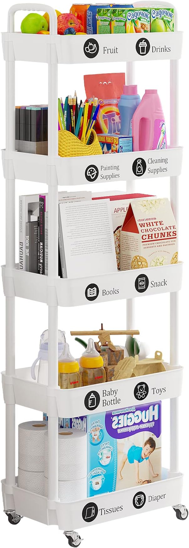 Laiensia 5-Tier Rolling Cart with Wheels,Multifunction Utility Storage Carts, Kitchen Storage Organizer,Mobile Shelving Unit for Bathroom,Laundry,with Classified Stickers,White - Image 7