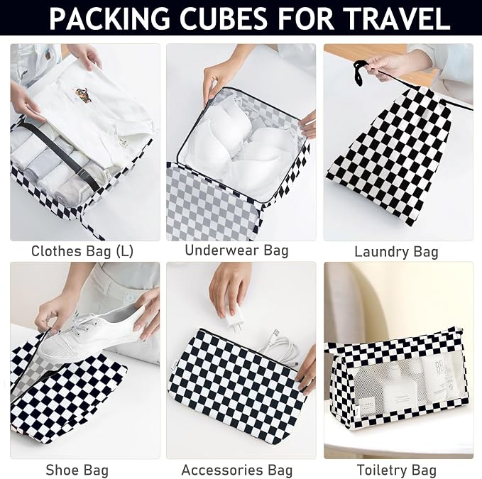 KPX 8 Set Packing Cubes for Travel, Luggage Packing Organizers Accessories Large Toiletries Bag for Clothes Shoes Cosmetics (8Set-Black Checkered) - Image 4