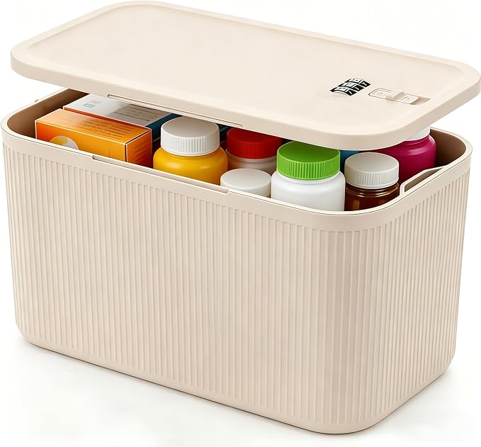 Lockable Storage Box, Plus Lock Box with Code – 2 inch Taller Version for Medication Safe, Phone Jail, Food Snacks, First Aid Kits, Refrigerator, Office, School, Home, Travel Gift (Beige) by EMLTHORY