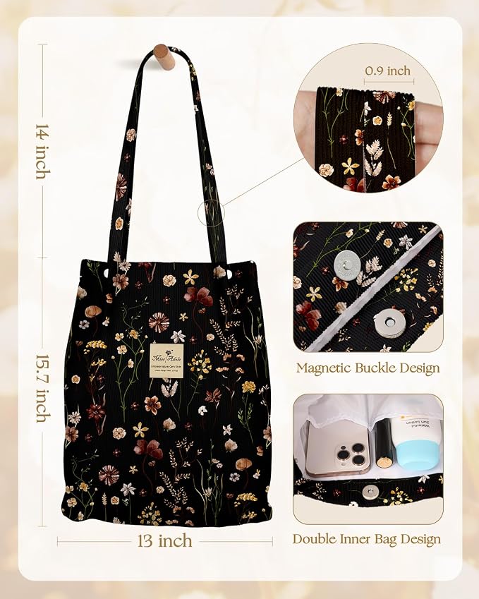 Miss Adola Corduroy Tote Bag for Women with Aesthetic Design | Magnetic Buckle & Pocket, Reusable, Soft, Roomy, Long Shoulder Handles, Double-sided Print, Casual Daily Work, Grocery Bags - Image 5