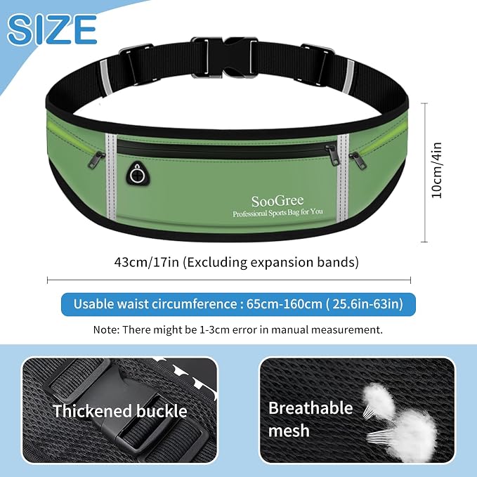 SooGree Slim Running Belt Sport Fanny Pack for Women Men,Reflective Waist Pack Runner Pouch Belt, Zipper Waterproof Running Phone Holder Jogging Pouch for Phone Money (GSP8806 Green) - Image 2