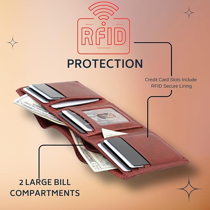 AG Wallets RFID Blocking Wallet for Men - Trifold Minimalist Slim Wallet with 10 Credit Card Slots & 3 Side Slots - 100% Genuine Leather Travel Wallet - Secure Compact Wallet - Burgundy - Image 4