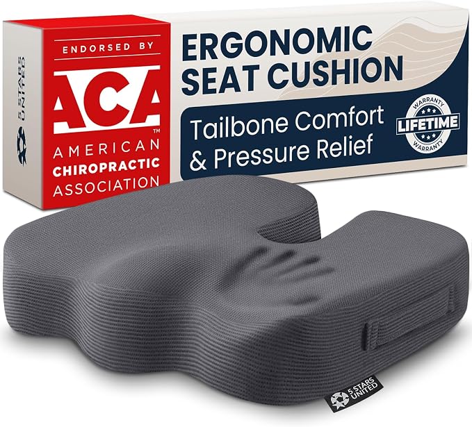 5 STARS UNITED Seat Cushion - Memory Foam Chair Cushion for Tailbone Pain Relief - Ergonomic Support for Coccyx, Sciatica & Butt - Office, Desk & Gaming Chair, Car Seat, Wheelchair, Airplane, D Gray by 5STARSUNITED