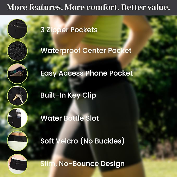Running Belt Money Belt, 3 Large Zippered Pockets | Fanny Pack - Adjustable No-Bounce, 1 Waterproof Pocket, Water Bottle Holder, Key Clip, Fits Phone, Passport & More - Image 8