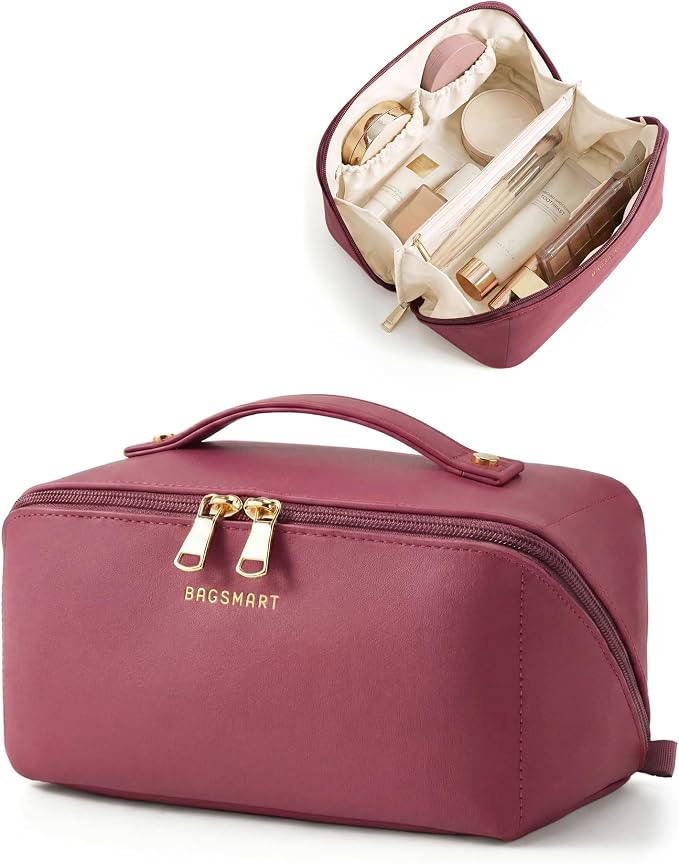 BAGSMART Makeup Bag Travel Cosmetic Bag,Women Toiletry Case, Burgundy | Make Up Bag Flat Open Toiletry Bag for Women, PU Leather Travel Essentials Wide-open Skincare,Brushes Organizer Case Large by BAGSMART