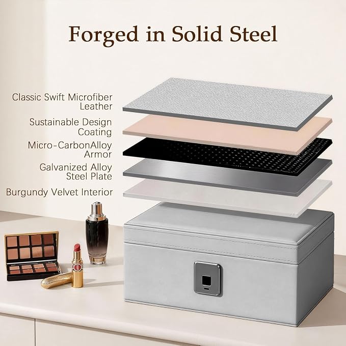 Jewelry Safe, Biometric Fingerprint Safe, Leather Wrapped Jewelry Box with Lock & Mirror, Ultra-Lightweight Jewelry Box Suitable for Home Use & On-the-Go(Three-Tier Gray) - Image 4