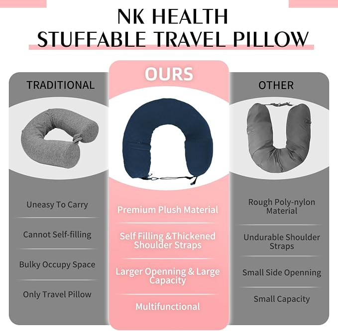 Stuffable Neck Pillow for Travel, Packable Neck Pillow (Blue-Checkerboard) | Velvet cover, Stuff with clothes to save luggage space, No extra baggage fees, Fits 5+ days travel essentials, Zipper closure - Image 6