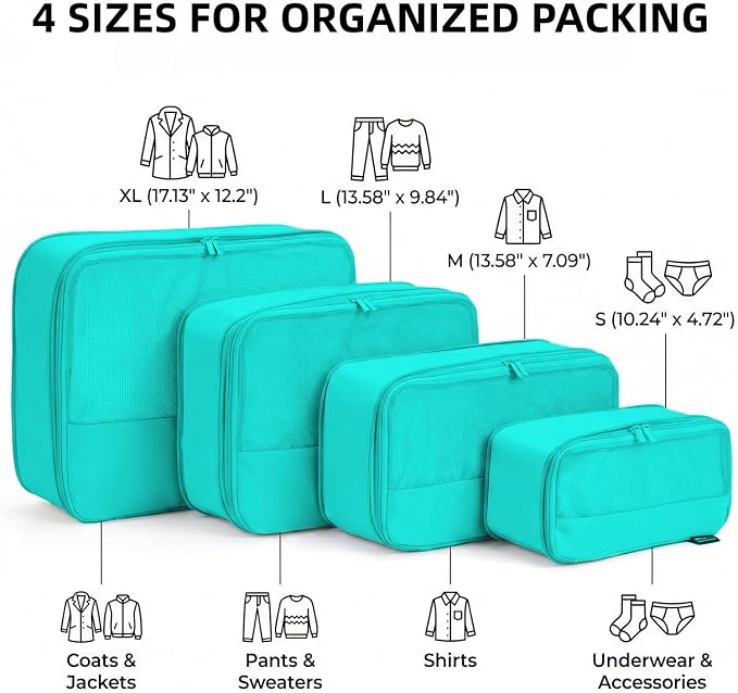 4 Piece Compression Packing Cubes for 3–7 Day Travel, Space Saving Travel Organizers with Breathable Mesh, Double-Zipper Packing Cubes for Carry-On & Suitcases (Teal) - Image 3