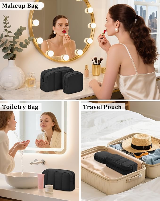 2 Pcs Makeup Bag Travel Toiletry Bag for Women Puffy Padded Cosmetic Pouch Purse Wide-open Makeup Organizer Case Travel Essentials - Image 6