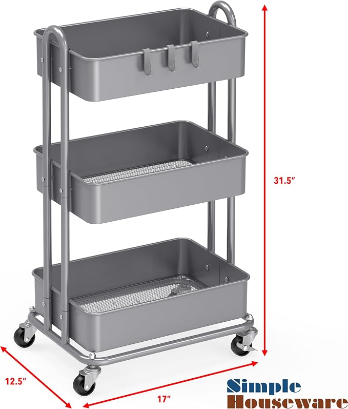 Simple Houseware 3-Tier Heavy Duty Metal Utility Rolling Cart, Silver - Image 6