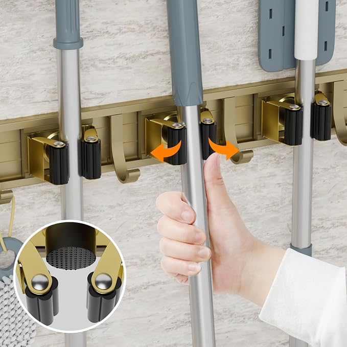reliahom Broom Holder Wall Mount Mop Hanger Tools organizer 4Racks 5Hooks | Adjustable Mop Broom Wall Hanging Heavy duty Tools Storage Rack Space-saving for Garage,Kitchen,Laundry Room,Garden, Bronze - Image 4
