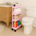 ShellKingdom 4 Tier Bathroom Storage Organizer, Slim Rolling Storage Cart for Narrow Space, Mobile Shelving Unit with Lockable Wheels and Hooks for Bathroom, Kitchen, Laundry Movable Shelf (Pink) by ShellKingdom
