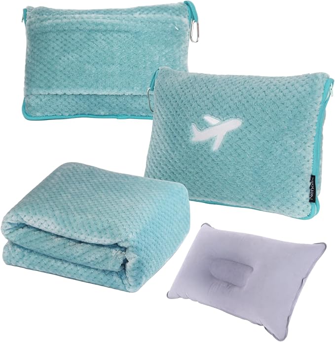 3 in 1 Travel Blanket Pillow Set - 350 GSM Thick Travel Blanket Airplane Compact with Bag, Soft Bag with a Pocket, Inflatable Travel Pillow for Camping & Car Trip(Mint Green) by Nenolix