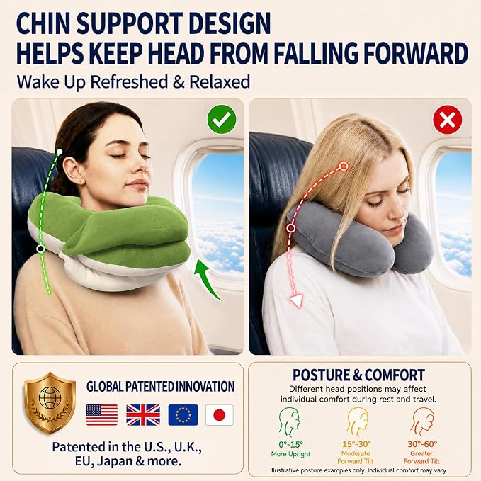 Travel Neck Pillows for Airplanes, Memory Foam 360° Head Support Sleep for Long Flight, Skin-Friendly & Breathable, Kit with Eye Mask, Earplugs and Storage Bag (Adult, Green, 90+ lbs) - Image 3