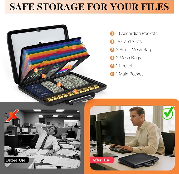 Fireproof Document Box File Organizer: Hard-Shell Case Fireproof Waterproof Box with Lock & 13 Pocket Accordion File Folder - Portable Home Office Travel Safe Storage for Important Documents and Files - Image 6