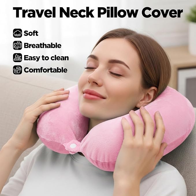 2 Colors Neck Pillow Covers with Zipper, Washable U Shaped Replacement Cover, Gray and Pink Reusable Travel Pillow Cover, Soft Smooth Plush Fabric, Universal Fit Airplane Pillows Case - Image 4