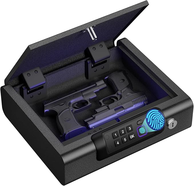 BILLCONCH Gun Safe,Biometric Fingerprint Gun Safe for Handgun Pistol Safes | Fingerprint PIN Key Unlock, Interior Light and USB Charging Lock box with Silent Mode for Bedroom Nightstand by BILLCONCHSmartGunSafes