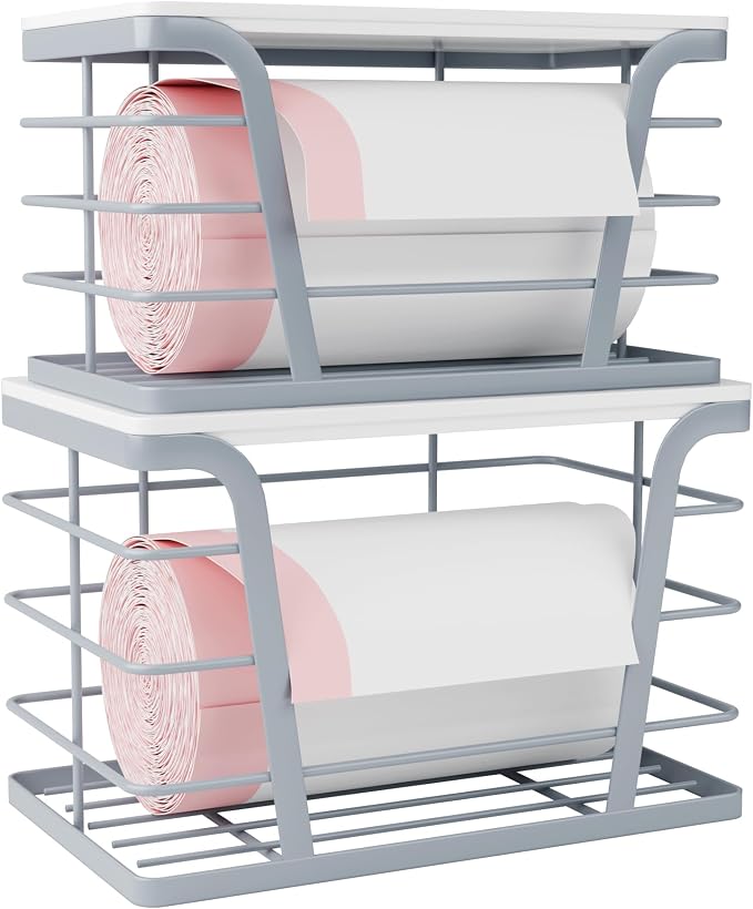 TIDIIABODE 2 Pack Gray Trash Bag Organizer for Kitchen and Pantry, Upgraded Stackable Metal Garbage Bag Holder with Bamboo Top, Modern Under Sink Storage Dispenser for Laundry Room, Garage by TrashBagHolder