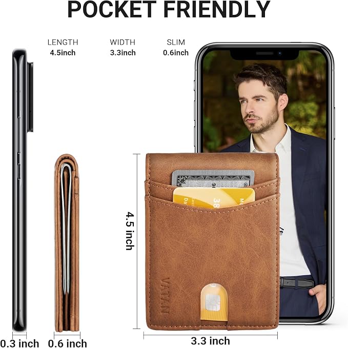 VATAN Wallet for Men Slim RFID Blocking Leather Credit Card Holder Wallet for 15 Cards, Bifold Minimalist Thin Wallet with 2 ID Windows & Cash Slot, With Gift Box (Crazy Horse Brown) - Image 4