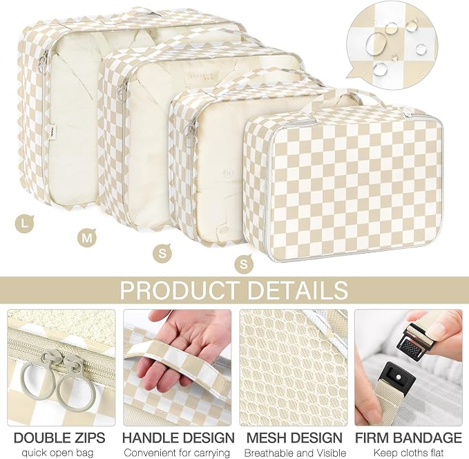 8 Set Packing Cubes for Travel, Luggage Packing Organizers Accessories Large Toiletries Bag for Clothes Shoes Cosmetics (Khaki Checkered) - Image 3