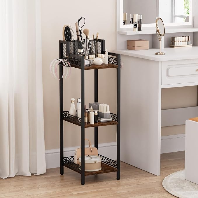 Bathroom Storage and Organizer Shelf Hair Dryer Holder, 9.85in | 3-Tier Narrow Metal Standing Rack with Toilet Paper Holder,Makeup Stand for Cosmetic, Vanity, Kitchen, Laundry Rustic Brown - Image 5