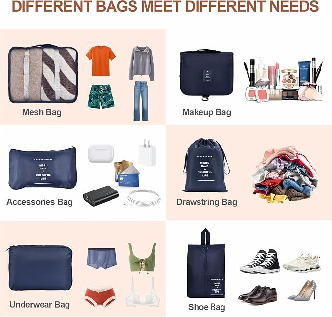 Packing Cubes for Travel, 8 Set Luggage Organizer Bags Travel Cubes for Packing Compression Luggage Cubes for Suitcase Carry on Travel Essentials with Laundry & Toiletry Bag（navy） - Image 4