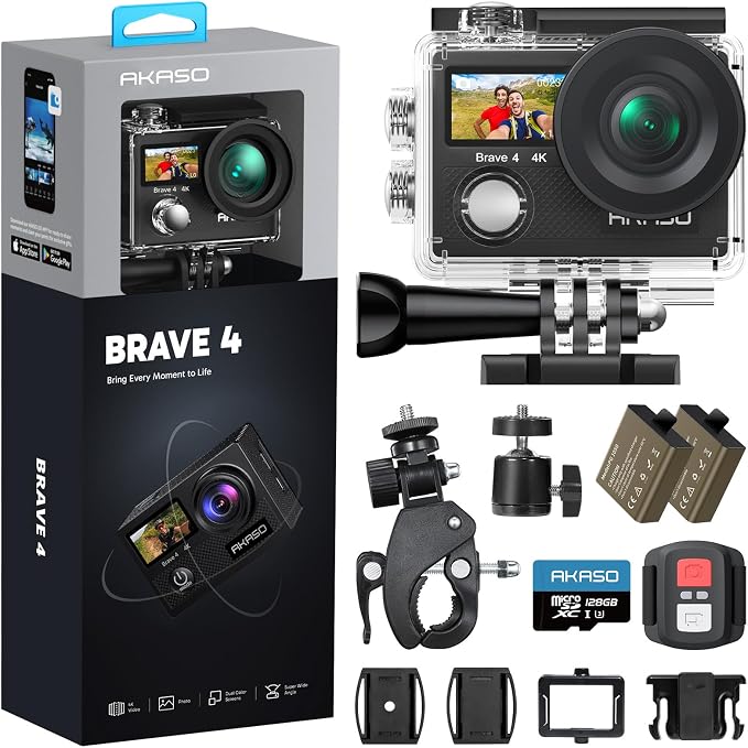 AKASO Brave 4 Action Camera 4K30fps with 128GB MicroSD Card Bundle | 20MP EIS WiFi 170° FOV 5X Zoom Waterproof Underwater Camera for Snorkel, Travel, Bicycle, Helmet, Motorcycle Accessories Kit by AKASO