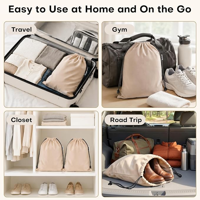 Travel Shoe Bags, 4 Pack Large Flannel Drawstring Bags (Camel Beige) | Soft Flannel fabric, 17.7 x 13.8 in, Fits up to Men's 13, Machine Washable - Image 6