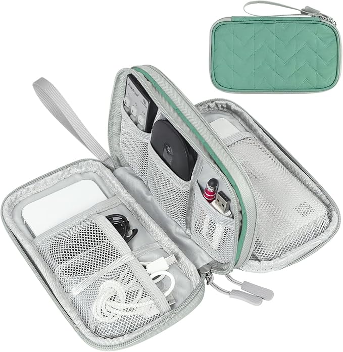 FYY Electronic Organizer, Travel Tech Pouch Bag, Medium, Green Quilted | Wrist Strap, Waterproof, Double Layers Portable Electronics Travel Carrying Case for Cord, Charger, Daily Business Trips Use by FYY