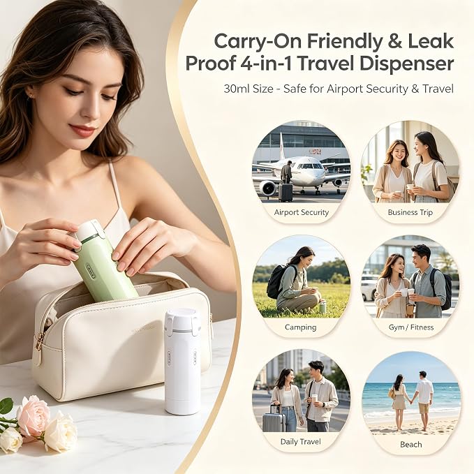 4 in 1 Travel Dispenser Bottle, One-Press No Squeeze Toiletries Set | TSA Approved 4x30ML Leakproof Travel Containers, Refillable Shampoo Lotion Bottles with Labels & Scale, Cream 2White - Image 6